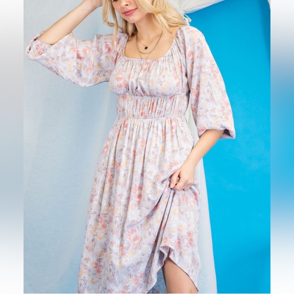 4. Women's Plus Size Off Shoulder Floral Dusty Blue Ruched Detail Dress - Picture 5 of 6